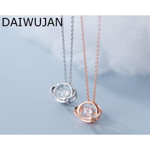 DAIWUJAN 100% 925 Sterling Silver Hollow Universe Necklaces Delicate Heart Crystal Planet Clavicle Chain Necklaces For Women