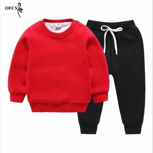 Childrens Boys Girls Plain Velvet Sweater and Pants Warm Suits Clothes Winter Children Thick Sportswear Sets 2-8 Years Old