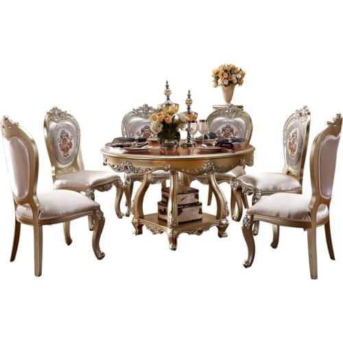 European dining tables and chairs Small solid wood dining tables Luxury champagne round dining tables and chairs combination