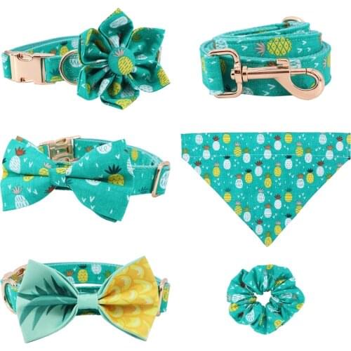 Pineapple girl dog collar dog flower and leash set for pet dog cat with rose gold metal buckle