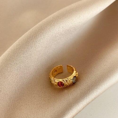 Minar French Vintage Colorful Crystal Rhinestone Charm Rings for Women Gold Color Metal Adjustable Open Wide Chunky Ring Gift