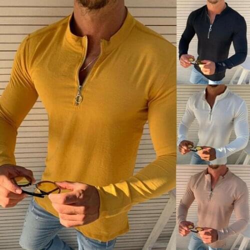 Fashion Mens Slim Fit Zip up Stand Neck Long Sleeve Muscle Solid Tee T-shirt Casual Tops