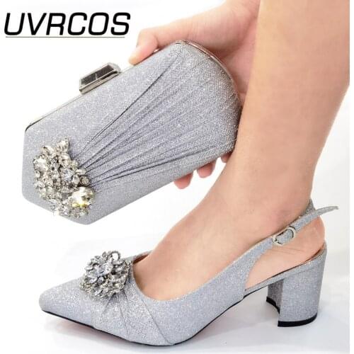 New Arrival Silver Color Design Italian Women Matching Shoes and Bag Set In Heels Matching Shoes and Bag Set for African Party