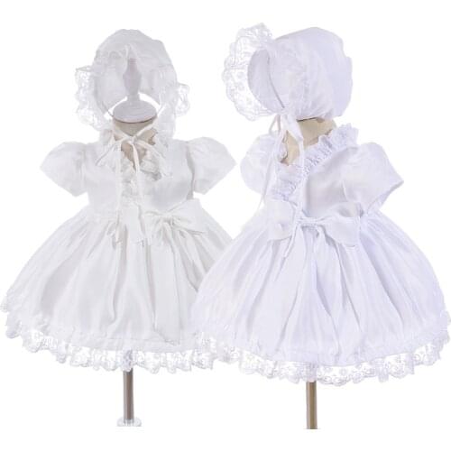 Ivory White Princess Gown Baby Girl Christening Dresses Lace Satin Dress for Baby Shower Baptism Dress Hat Girls Clothing set