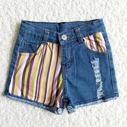Hot Sale Kids Summer Fashion Stitching Denim Shorts Baby Girls Washed Frayed Jeans With Stripes Pint