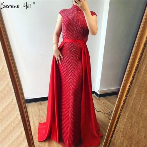 Dubai Latest Design High Neck Luxury Mermaid red Prom Dresses 2019 Sleeveless Beading Prom Gowns Serene Hill DLA60866