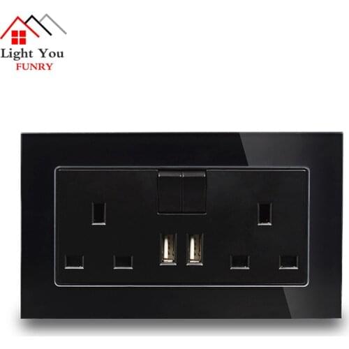 Crystal Glass Panel Dual USB Charge Port 2.1A Wall Charger Adapter LED Indicator 13A UK Socket Power Outlet Black 1 2 Gang