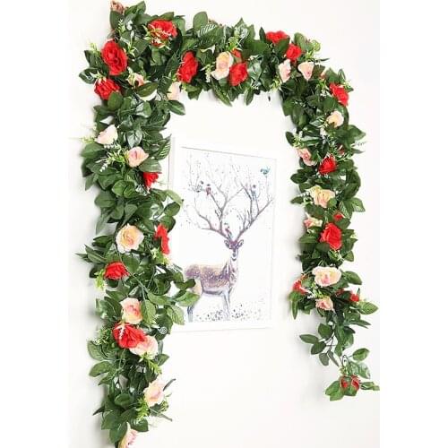 Silk Artificial Rose Vine Hanging Flowers for Wall Decoration Rattan Fake Plants Leaves Garland Romantic Wedding Home Decoration