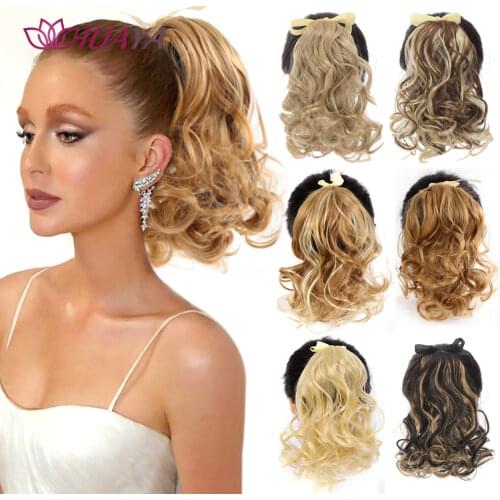 HUAYA Short Wavy Ponytail Clip In Hair Extensions Synthetic Drawstring Ponytail Hairpiece Heat-Resistant Curly Pony Tail Wig