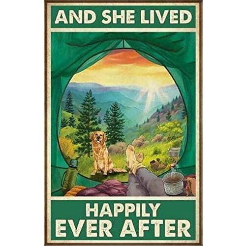 ZMKDLL and She Lived Happily Ever After Metal Sign Camping and Golden Retriever Dog