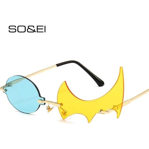 SO&EI Fashion Unique Rimless Round Flame Shape Sunglasses Women Vintage Clear Ocean Lens Eyewear Men Irregular Sun Glasses UV400