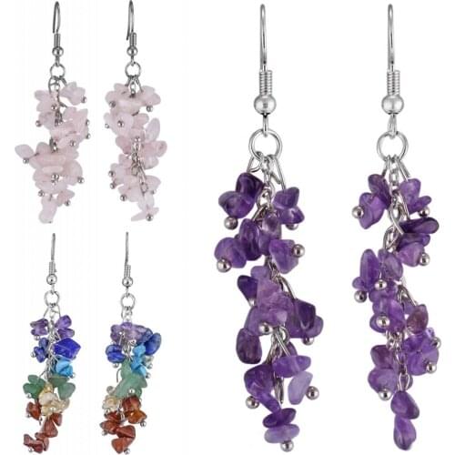 TUMBEELLUWA Healing Gem Stone Chips Dangle Hook Women Earrings,Sliver Color Reiki Crystal Ears Fashion Handmade Jewelry