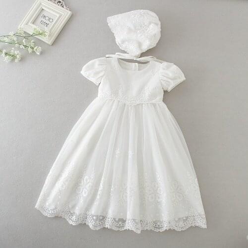 2020 -24M Princess Toddler Baby Girls Formal Dress Summer Flower Embroidery Puff Short Sleeve Lace Pegeant Party Long Dress+Hat
