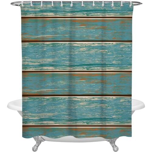 Aqua Vintage Wood Grain Rustic Shower Curtain Waterproof Polyester Fabric Bathroom Curtain Home Bath Curtain with Hook