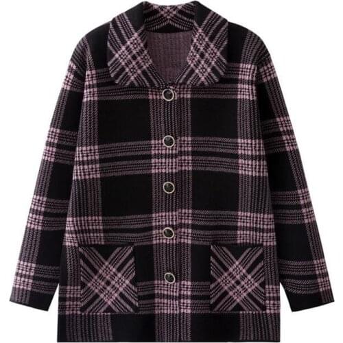 Knit Cardigan Sweater Spring Autumn Middle-Aged Elderly Womens Sweaters Cardigan Jacket Female Large Size Plaid Coat Tops W585