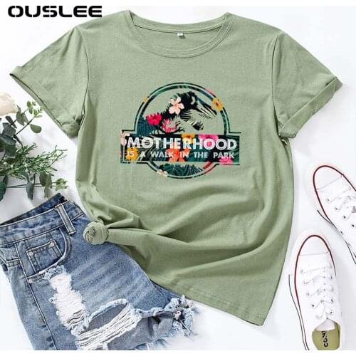 Ouslee Women Casual Tumblr Cotton T-shirt Funny Dinosaur Printed Shirts Mom Life Graphic Harajuku Graphic Oversized Tees Tops