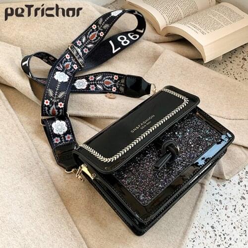 Womens Bag Wide Shoulder Strap Shoulder Bag Fashion Messenger Bag Casual Womens Crossbody Bag Shiny Flap Ladies Handbags Purse