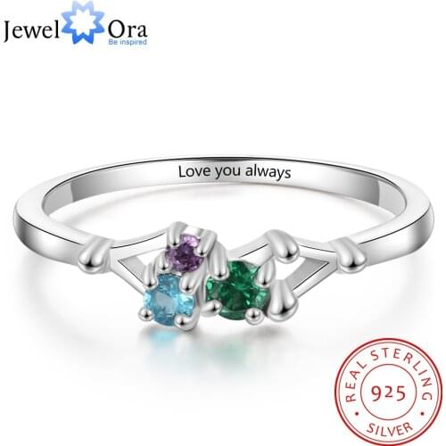 925 Sterling Silver Personalized Rings with 3 Birthstones Custom Name Mother Rings for Women Silver 925 Engraved Jewelry Gift