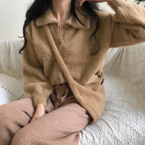 2020 Women Autumn Winter Khaki Mink Cashmere Sweater Coat Turn-down Collar Warm Knitted Cardigan Jacket
