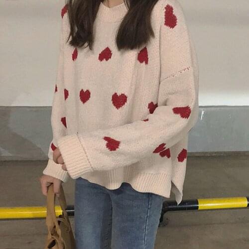 Korean Sweet Love Embroidery Loose Top Women Lazy Cute Long Sleeve Pullover Sweater