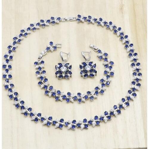 Dark Blue Crystal Flower Shape Silver Color Jewelry Sets for Women Necklace Earrings Bracelet Wedding Birthday Gift