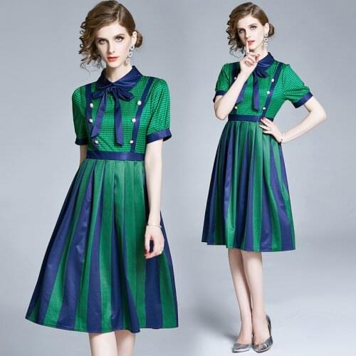 Summer Womens New Avocado Green Polo Ribbon Doll Collar Slim-Fit Retro Print Temperament Pleated Dress