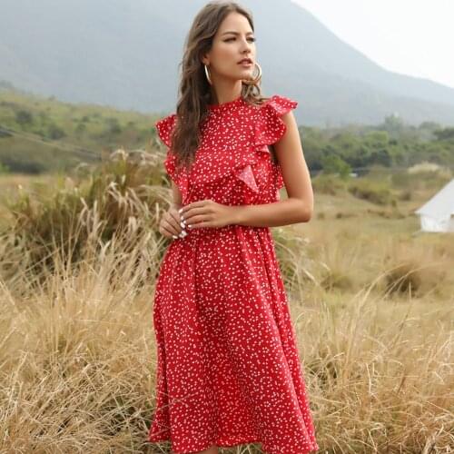 Womens dress 2021 new red polka dot chiffon loose all-match mid-length dress summer