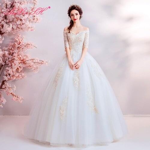AXJFU princess golden flower white lace wedding dress vintage boat neck half sleeve dubai beading flower wedding dress 6218