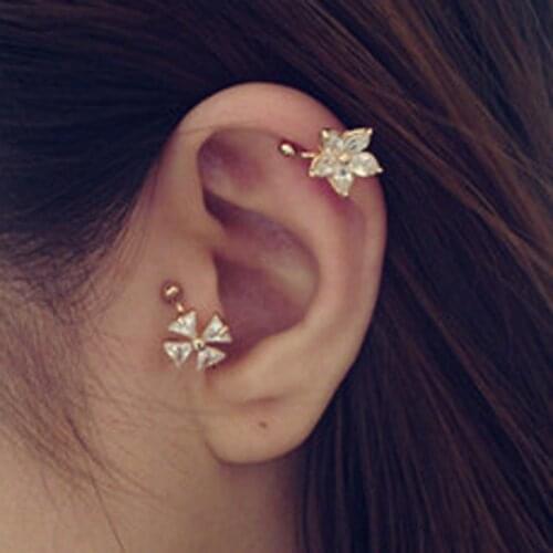 1pc Womens Crystal Flower U Shape Ear Cuff Earring Gold Sliver No Piercing Ear Clip Jewelry EAR-0483