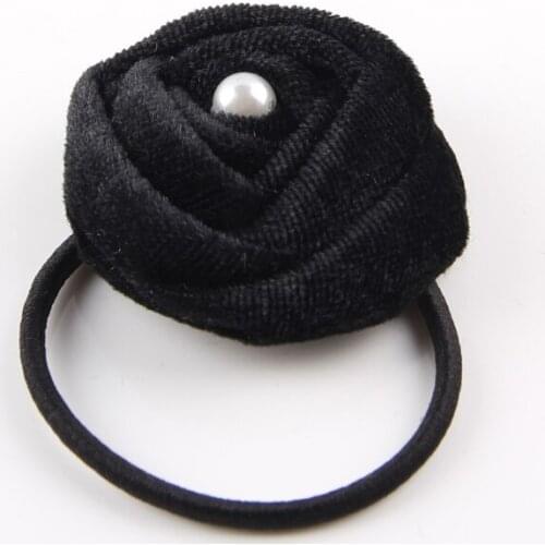 2PCS Handmade Velvet Pearl White/Black Rose Flower Hairband Rope Ponytail Scrunchie Women Girls Hairpins Headwear Accessories