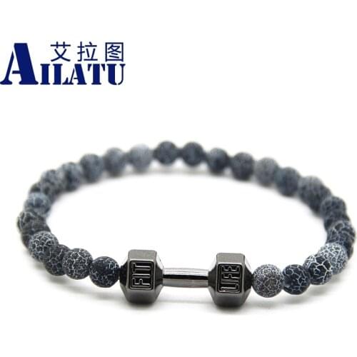 Ailatu Wholesale New Design Men Powerful Jewelry, 6mm weathered granite Stone Beads & Energy Fitness Fashion Dumbbell Bracelets