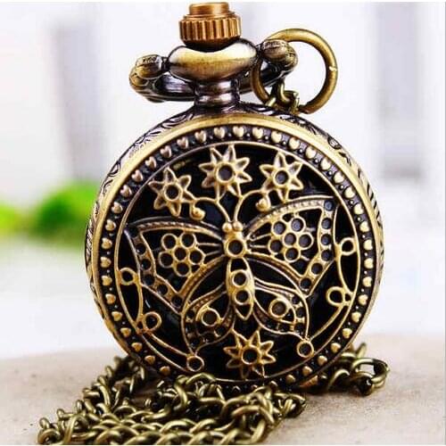 Butterfly Bronze antiques Hollow Fashion quartz pendant Necklace pocket watches gift