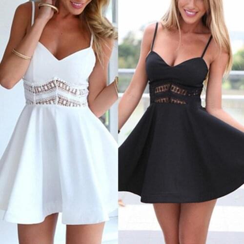 80% Hot Sell Sexy Women Solid Color V Neck Waist Lace Patchwork Large Hem Mini Sling Dress