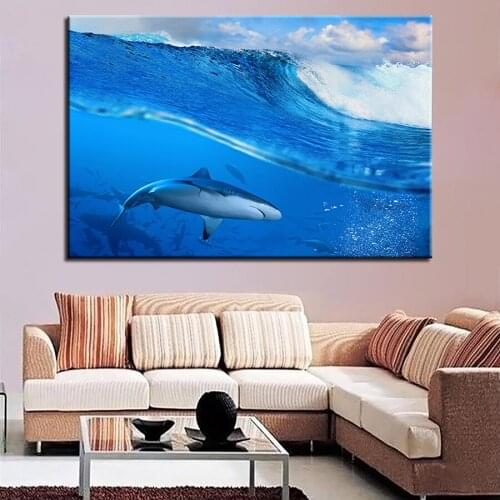 Canvas Pictures Home Decor HD Prints 1 Piece/Pcs Blue Deep Sea Shark Paintings Seascape Poster Living Room Wall Art Framework