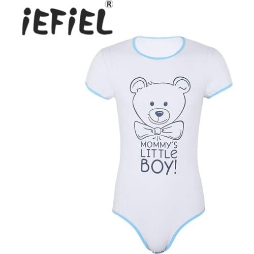 New Arrival Male Mens One Piece Lingerie Round Neck Short Sleeves Snap Crotch Front Printed Bodysuit Romper Nightwear Pajamas
