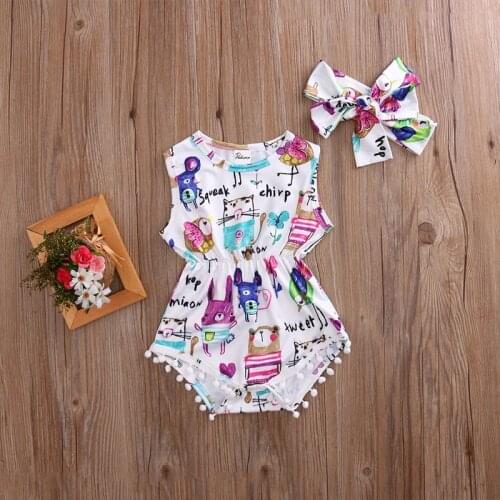 Summer Children Clothing Girls Bodysuit Summer Baby Girls Painting Bodysuit Headband Jumpsuit Sunsuit Outfit