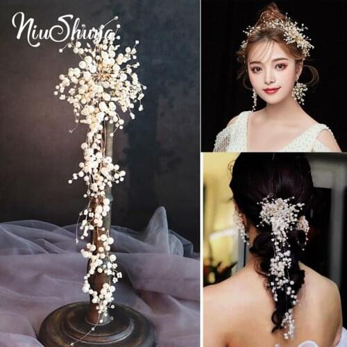 NiuShuya Romantic Long Pearls Brides Hairwear Handmade Vine Branch Wedding Dress Hair Accessory