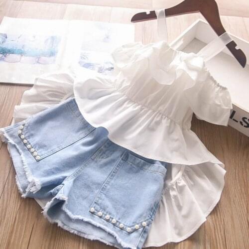 2021 new Summer baby Girls Shirts Tops+denim Shorts Clothing Set Ruffles Strap ,Kids Fashion Birthday Wear Children Clothes