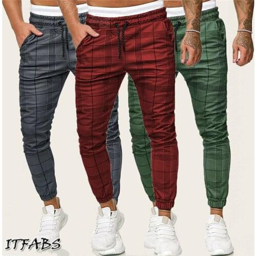 Casual Men Plaid Pants Gym Long Sport Pants Stretch Slim Trousers Running Joggers Gym Sportpants