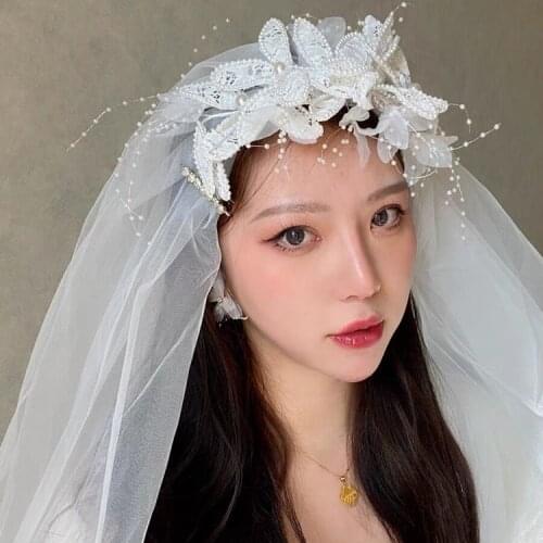 Beautiful Beaded Flower Headband Veil Hair Accessories Bridal Wedding Dress Trip Shoot Plain Gauze Soft Veil Accessories