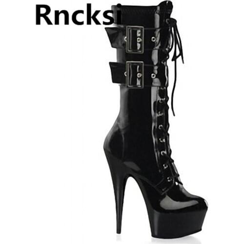 Rncksi Buckle Girl Night Club Party Queen Platform Wedding Womens Boots Dance Shoes 15cm Heels High Knee High Boots