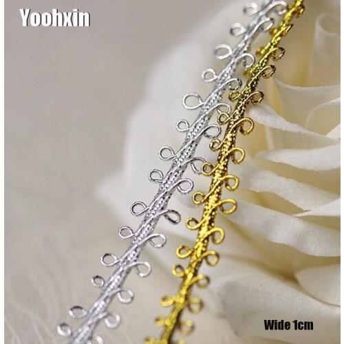 1CM Wide Luxury cotton Embroidery gold silver flower lace fabric trim ribbon DIY sewing applique collar guipure wedding decor