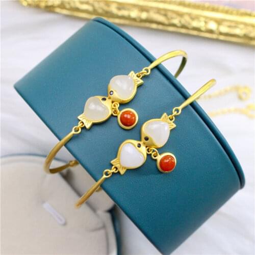 S925 Sterling Silver Kissing Gourami Natural Hetian Jade White Jade Bracelet Creative Simple Fashion Elegant Womens Jewelry
