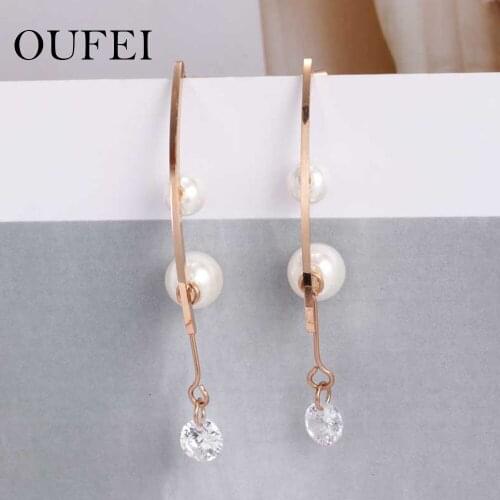 OUFEI stainless steel Rose gold earring temperamento Longo de Pérolas Brincos de Simples Dangle Feminino earring