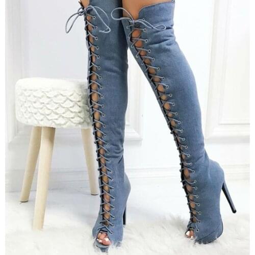 Chic blue jeans over-the-knee long boots lace up peep toe thin high heel platform boots thigh high sexy fashion party shoes