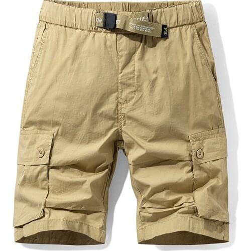 Mens Elastic Waist Multi Pocket Military Cargo Shorts Fad Summer Male Cotton Khaki Mens Tactical Shorts Short Pants No Belt