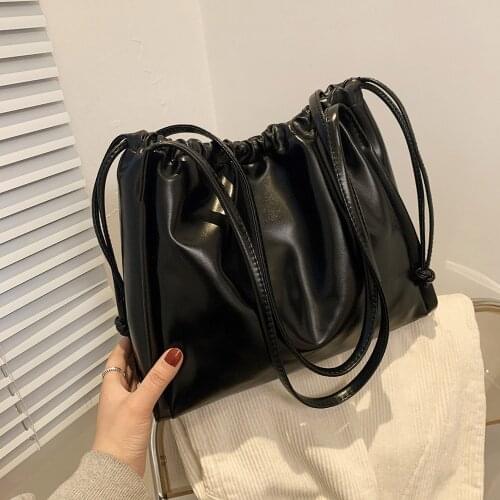 Retro PU Leather Women Underarm Bags Drawstring Solid Color Shoulder Bag Elegant Ladies Large Capacity Bucket Bag For 2021 Trend