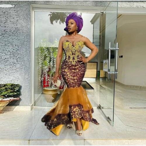 African Wmen Mermaid Prom Dresses Sheer Neck Scoop Aso Ebi Evening Dresses For Black Girls Lace APpliques Party Gowns Vestidos