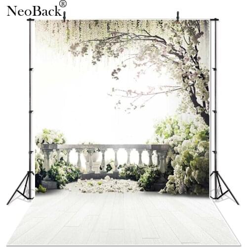 NeoBack Vinyl Spring Wedding Garden White Flower Banisters Photo Background Tree View Portrait Studio Photography Backdrop