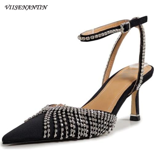 2021 spring and summer new sexy black tassel rhinestone pointed high heels female Baotou shallow mouth sandals